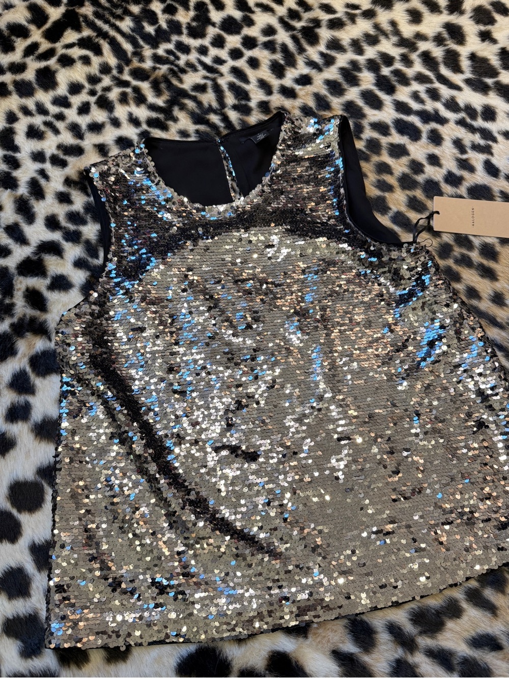 NWT HALOGEN SILVER GRAY SEQUIN SLEEVELESS TANK HOLIDAY GLAM SMALL RETAIL $90